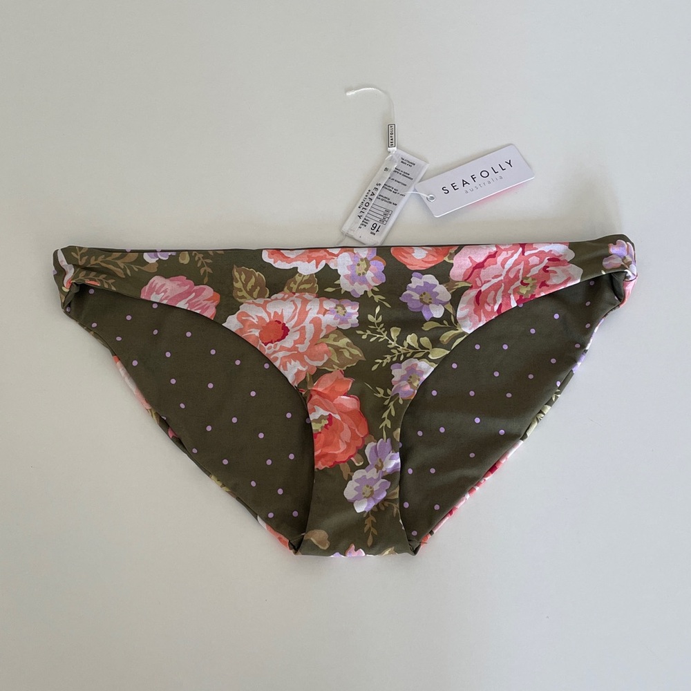 Seafolly Bikini Bottom Reversible Hipster Floral Swim Bottoms Cottage Green - Picture 10 of 10